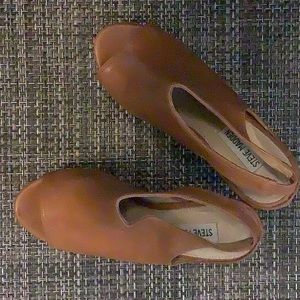 Wedge tan leather sling backs
